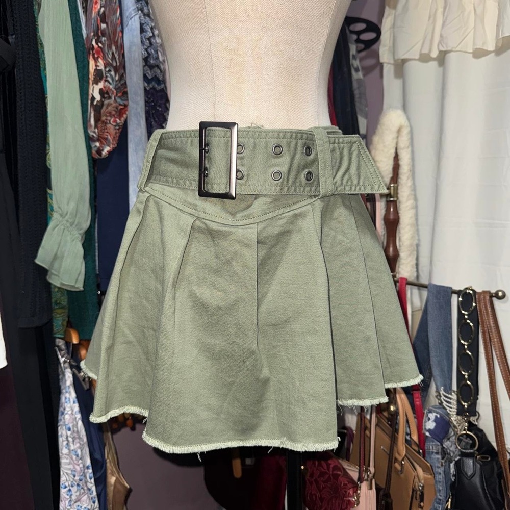 Y2K Sage Green Pleated Mini Skirt Belted